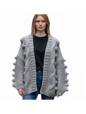 HUMMINGBIRD Gray Open Sweater Pom Pom Chunky Knit Cardigan One Size Oversized